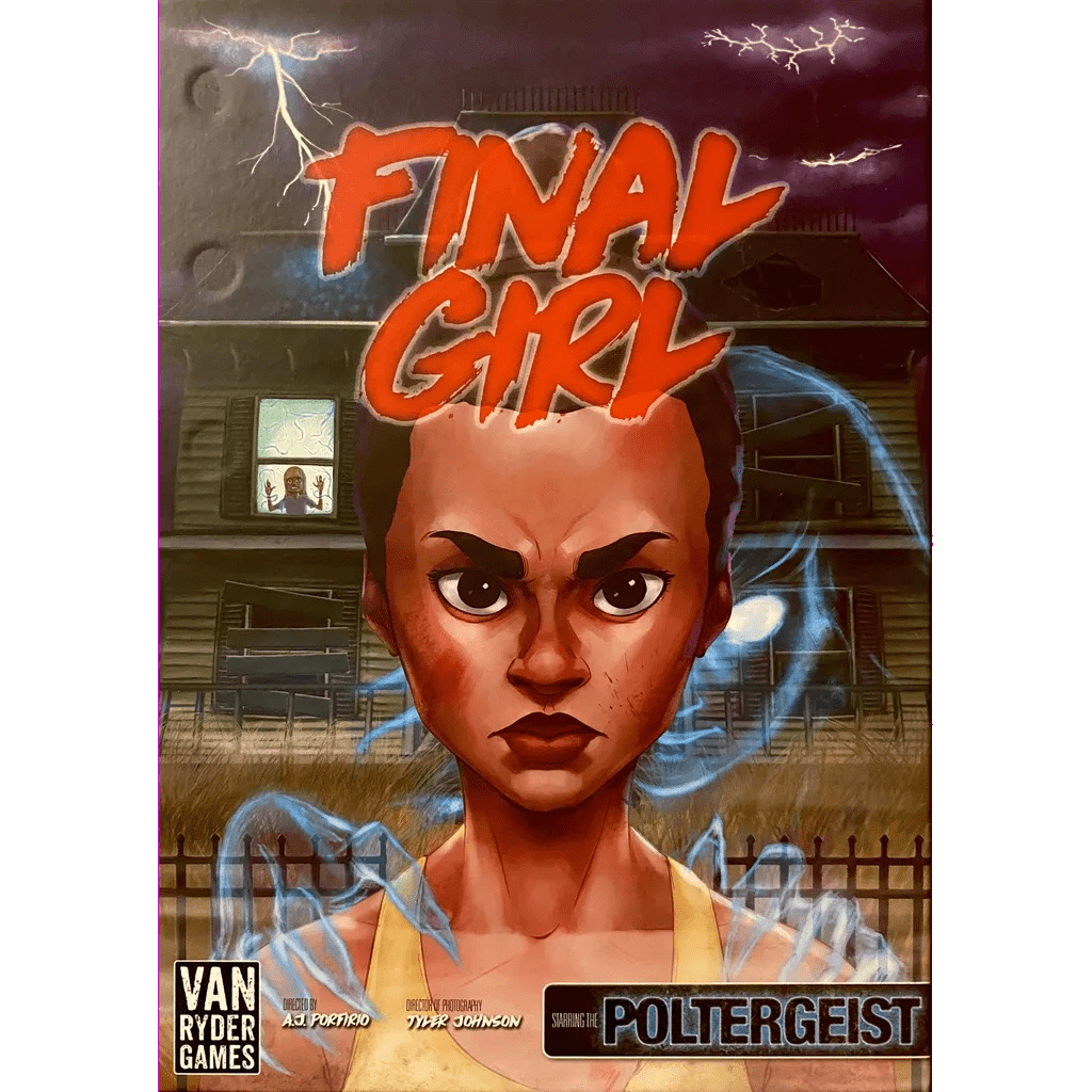 Board game cover for Final Girl: The Haunting of Creech Manor Expansion by Van Ryder Games, featuring a tense woman before a haunted house with lightning, a ghostly blue figure, and someone scared in the window.