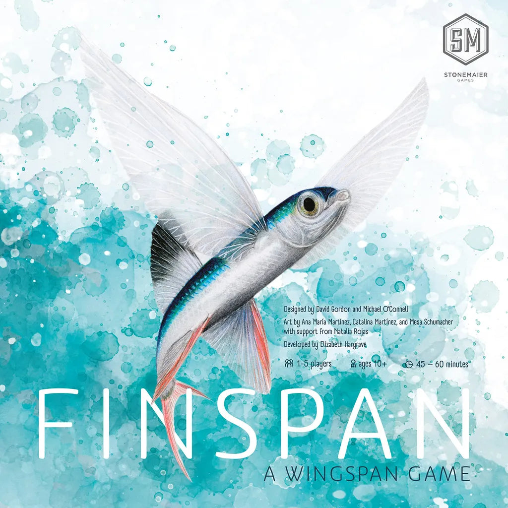 A flying fish with spread fins leaps above turquoise splashes, capturing aquatic wonder. “Finspan” appears below, with credits and the Stonemaier Games logo in the corners.