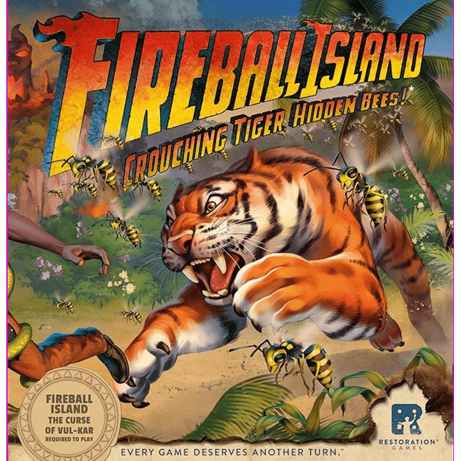 The Fireball Island: Crouching Tiger, Hidden Bees! Expansion by Restoration Games features a vibrant jungle cover with a fierce tiger, swarming bees, dynamic title text, and the Restoration Games logo.