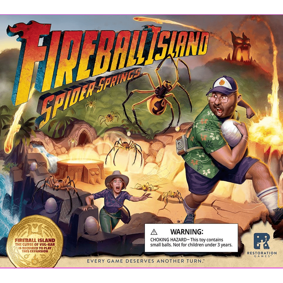 The Fireball Island: Spider Springs Expansion box by Restoration Games features two people escaping giant spiders and fireballs on a jungle island. The bold title, warning label, brand logo, and spider launcher appear at the bottom.
