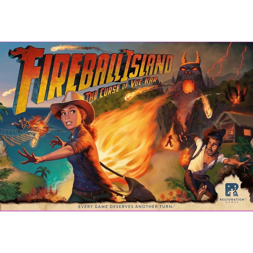 The dramatic cover of Restoration Games’ Fireball Island: The Curse of Vul-Kar features two explorers escaping fireballs and lava on a jungle island, with an erupting volcano looming in the background.
