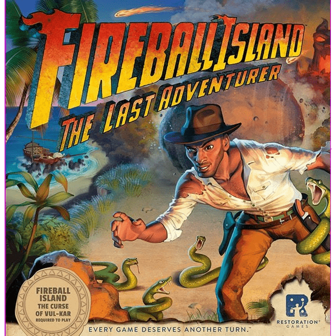 A man in adventure gear dodges snakes and fireballs on a jungle island under the title "Fireball Island: The Last Adventurer Expansion" by Restoration Games, set against a dynamic, action-packed background.