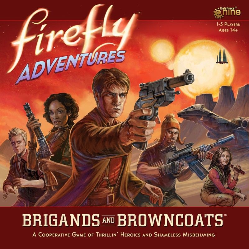 The cover of Gale Force Nine’s Firefly Adventures: Brigands and Browncoats depicts five armed characters in action on a desert planet, with spaceships flying overhead and two large moons visible in the orange sky.