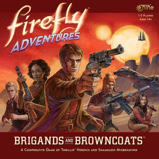 The cover of Gale Force Nine’s Firefly Adventures: Brigands and Browncoats depicts five armed characters in action on a desert planet, with spaceships flying overhead and two large moons visible in the orange sky.