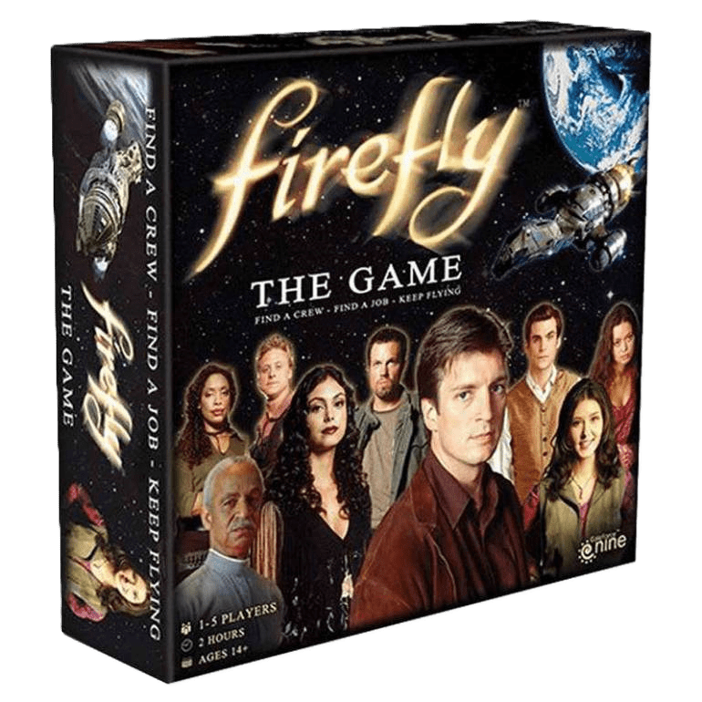 The Gale Force Nine Firefly: The Game Special Edition box shows the title, tagline, spaceship, and TV series main characters on a dark background. For 1–5 players ages 14+, it lasts over 2 hours and is set in the Firefly Universe.