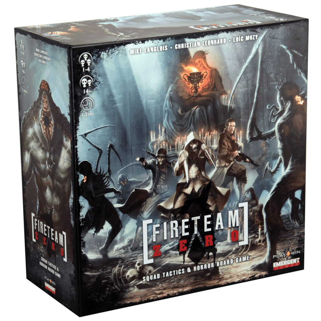 Box of Fireteam Zero by Emergent Games, showing armed heroes fighting supernatural foes in a dark setting, with the game title plus age and player details on the front.
