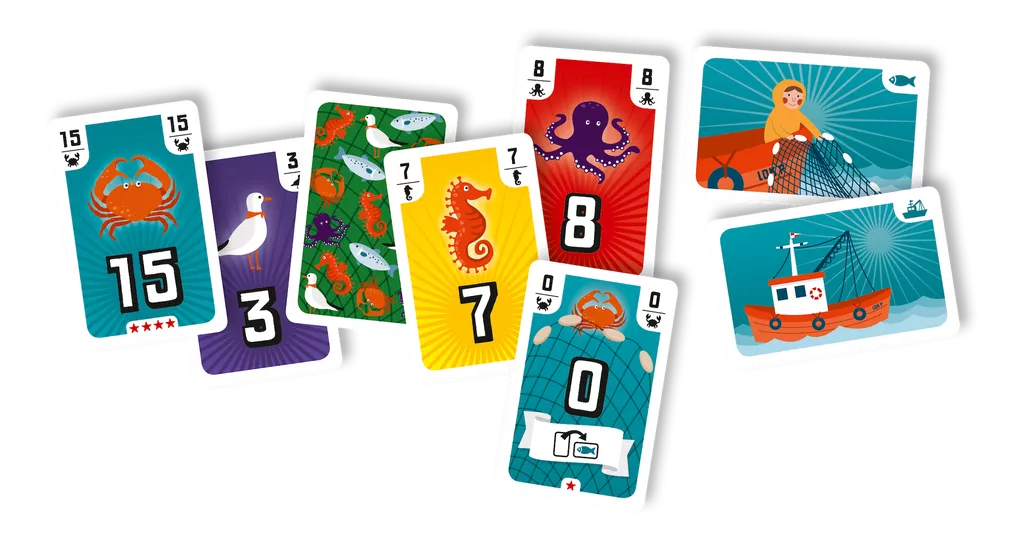 Fischen (Fishing) EN/DE by 2F-Spiele is a set of colorful playing cards for a fishing game, featuring sea animals like crab, seagull, fish, seahorse, octopus—plus net and boat cards with unique numbers and illustrations.