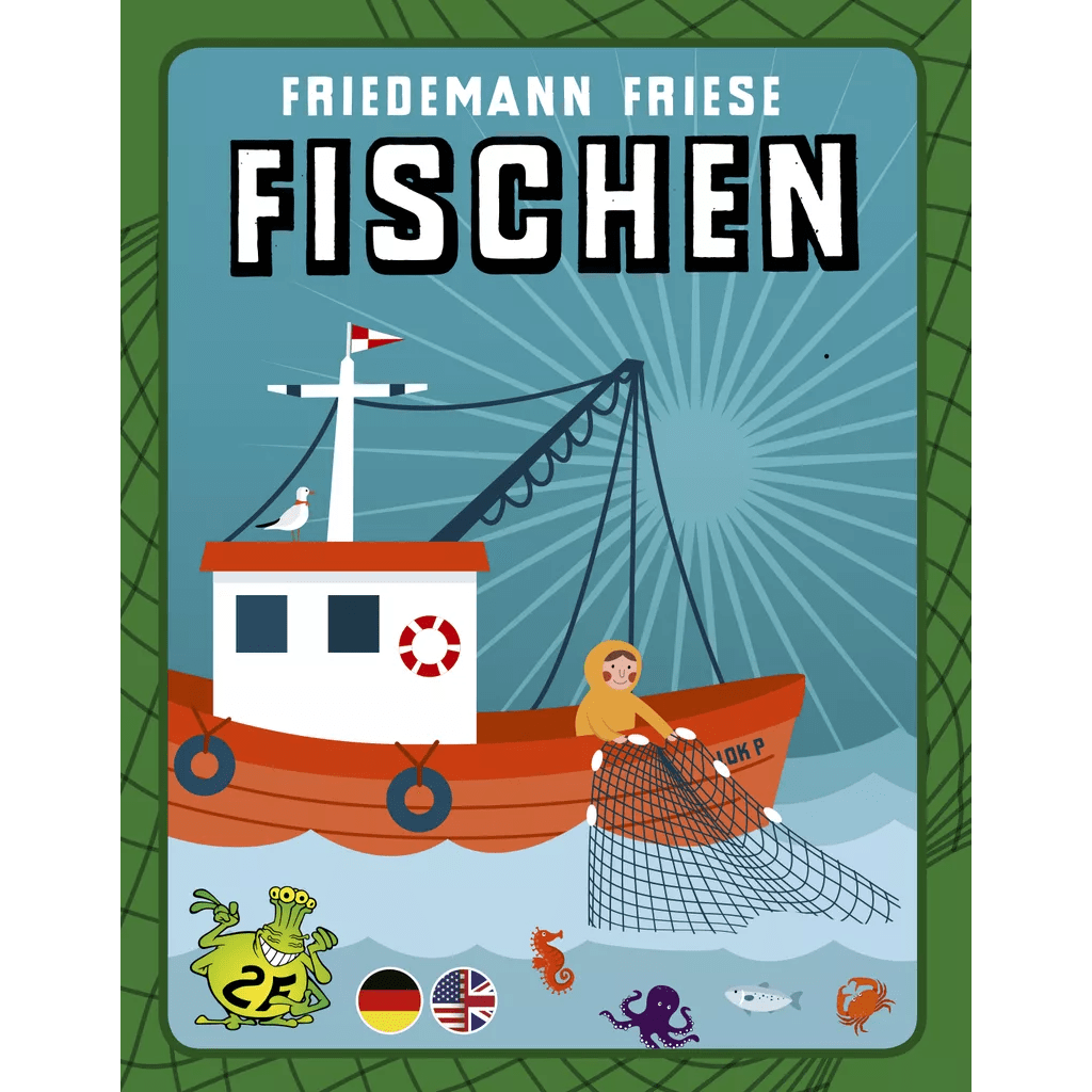 Illustration of a red and white fishing boat at sea with a person hauling a net, sun rays behind, and sea creatures plus language icons below, evoking the Fischen (Fishing) EN/DE card game by 2F-Spiele. The title "Fischen" is displayed at the top.