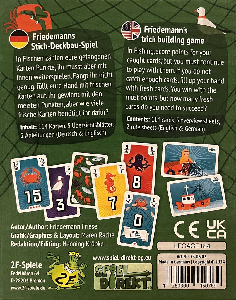Game instructions and box details for Fischen (Fishing) EN/DE by 2F-Spiele. This trick-taking game features rules in German and English, sample cards, a barcode, logos, and game info on a colorful illustrated background.