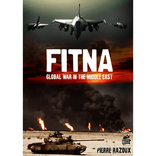 Cover for Fitna: The Global War in the Middle East by Nuts! Publishing shows fighter jets over burning oil fields and a desert tank, reflecting its strategic card-driven gameplay based on real Middle East conflict scenarios.