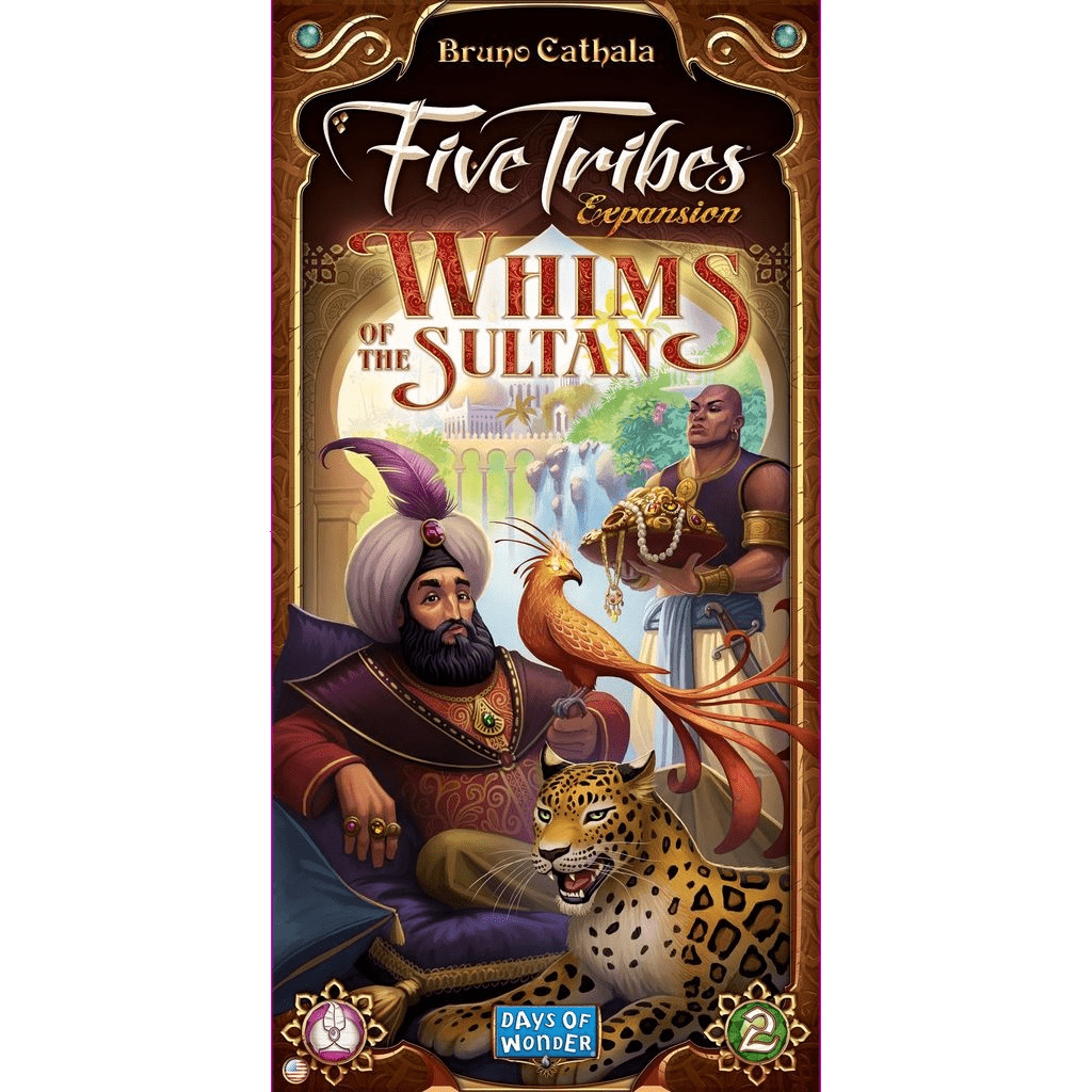 The box cover art for Days of Wonder’s Five Tribes: Whims of the Sultan Expansion shows a splendidly dressed sultan with a turban, golden bird, leopard, servant, and ornate palace architecture in the background.