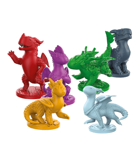 Six vibrant Flamecraft: Artisan Dragon Miniatures by Lucky Duck Games—red, purple, green, dark blue, yellow, and light blue—each with unique poses and textures, ideal for upgrading your Flamecraft game.