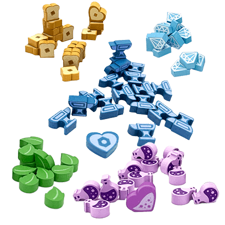Flamecraft: Upgraded Wooden Components by Lucky Duck Games features assorted colorful wooden pieces shaped like bread, gems, fish, leaves, and hearts, neatly arranged on a white background—ideal for enhancing your board game experience.