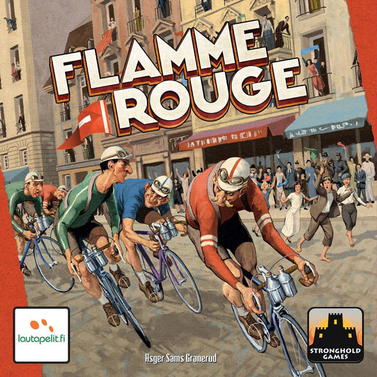 A group of men riding bicycles evokes the competitive spirit of Flamme Rouge, the exciting bike racing game by Lautapelit.