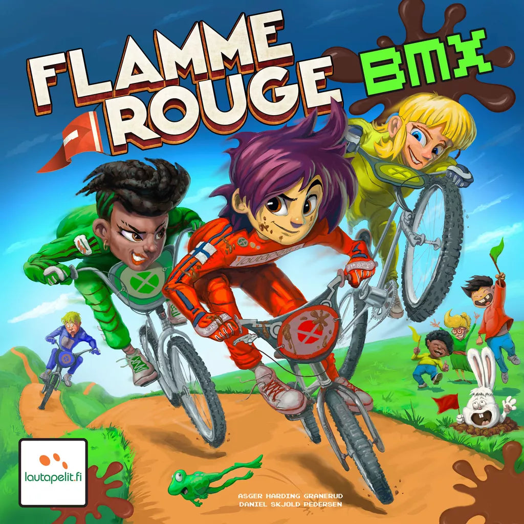 Three animated kids race BMX bikes on a dirt track in this backyard adventure, with cheering children, trees, and a startled white rabbit. The Lautapelit logo and Flamme Rouge BMX title are boldly featured at the top.