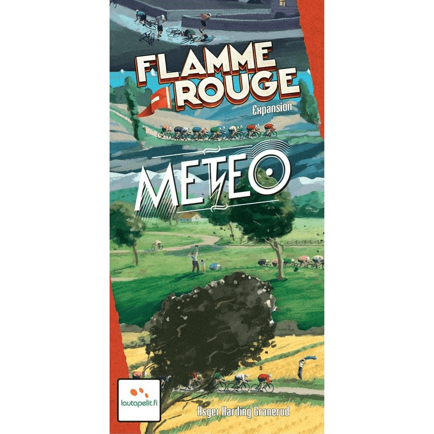 The Flamme Rouge: Meteo Expansion game box from Lautapelit features cyclists racing through dramatic weather like storms and wind, with branding credited at the bottom.