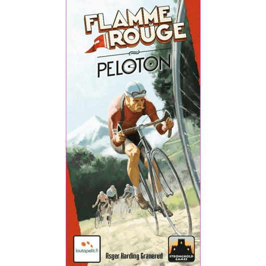 Illustration of cyclists racing on a road with mountains behind, with the text "Flamme Rouge: Peloton Expansion." The Lautapelit logo and Asger Harding Granerud’s name appear at the bottom, highlighting this board game expansion.