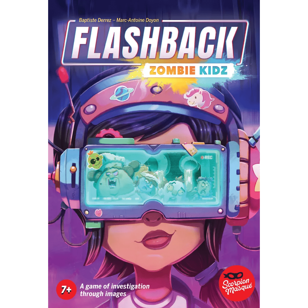 The cover of Flashback: Zombie Kidz by Scorpion Masqué features a child in a futuristic headset showing cartoon zombies, with bright colors and playful design hinting at a fun co-op adventure and investigation game for ages 7+.