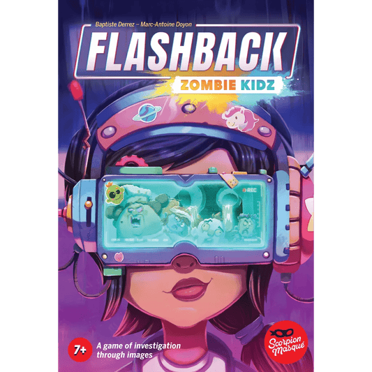 The cover of Flashback: Zombie Kidz by Scorpion Masqué features a child in a futuristic headset showing cartoon zombies, with bright colors and playful design hinting at a fun co-op adventure and investigation game for ages 7+.