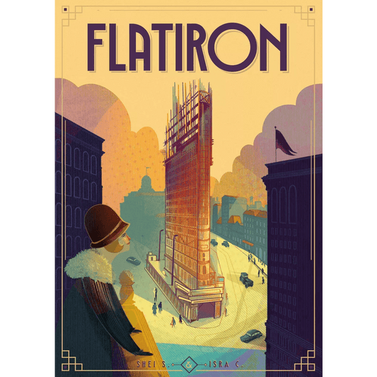 The ludonova Flatiron poster features a vintage scene of the Flatiron Building under construction, with a woman in 1920s fashion watching Manhattan’s skyscraper rise. “FLATIRON” is displayed at the top.