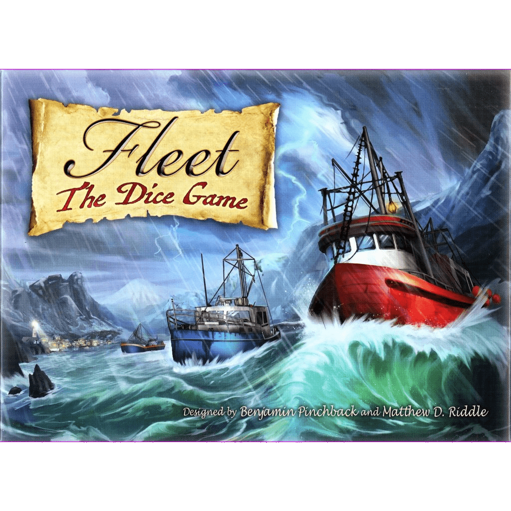 Illustration of stormy seas with red and blue fishing boats braving large waves. Fleet: The Dice Game Bundle by Eagle-Gryphon Games appears on old parchment above, designed by Benjamin Pinchback & Matthew D. Riddle.