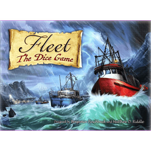 Illustration of stormy seas with red and blue fishing boats braving large waves. Fleet: The Dice Game Bundle by Eagle-Gryphon Games appears on old parchment above, designed by Benjamin Pinchback & Matthew D. Riddle.
