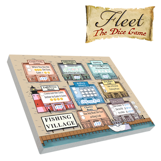 The Fishing Village board from Eagle-Gryphon Games’ Fleet: The Dice Game Dicey Waters Expansion features illustrated buildings, docks, bonus icons with player actions and rewards, plus the game logo in the top right.