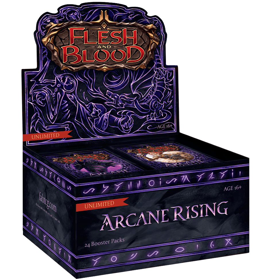 The Flesh & Blood TCG - Arcane Rising Unlimited Booster Box by Legend Story Studios features purple fantasy art and includes 24 unlimited booster set packs for ages 16+.