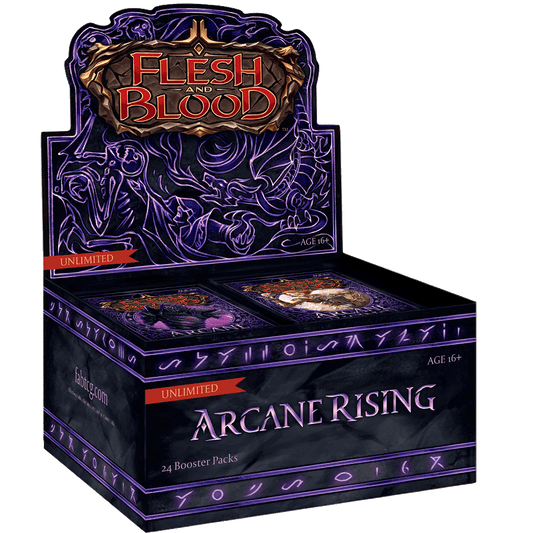 The Flesh & Blood TCG - Arcane Rising Unlimited Booster Box by Legend Story Studios features purple fantasy art and includes 24 unlimited booster set packs for ages 16+.