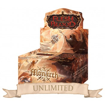 The Flesh & Blood TCG - Monarch Unlimited Booster Box by Legend Story Studios features fantasy art of new heroes in a dramatic light vs shadow theme. Warriors and gold tones adorn the box, with "UNLIMITED" on a ribbon below.