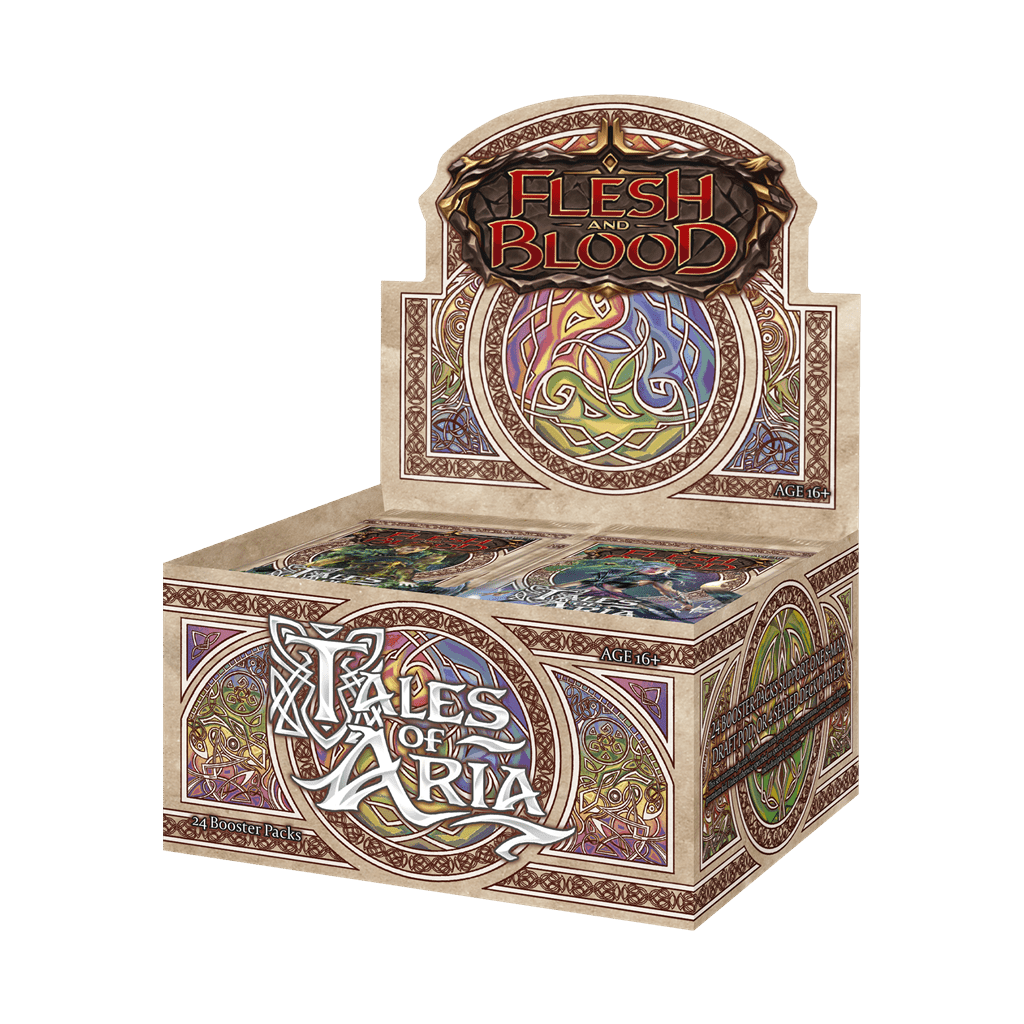 The Flesh & Blood TCG - Tales of Aria First Edition Booster Display by Legend Story Studios features fantasy artwork and decorative patterns on a beige background.