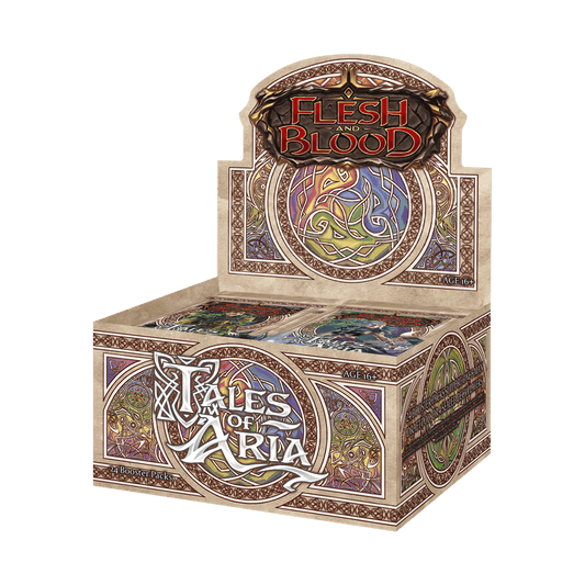 The Flesh & Blood TCG - Tales of Aria First Edition Booster Display by Legend Story Studios features fantasy artwork and decorative patterns on a beige background.