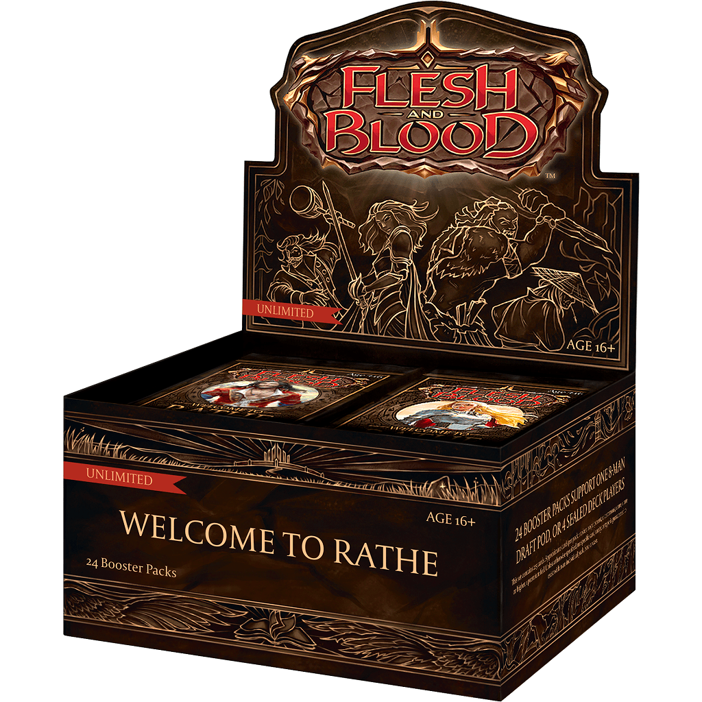 The Flesh & Blood TCG - Welcome to Rathe Unlimited Booster Box by Legend Story Studios features fantasy artwork and includes 24 booster packs; designed for ages 16+.
