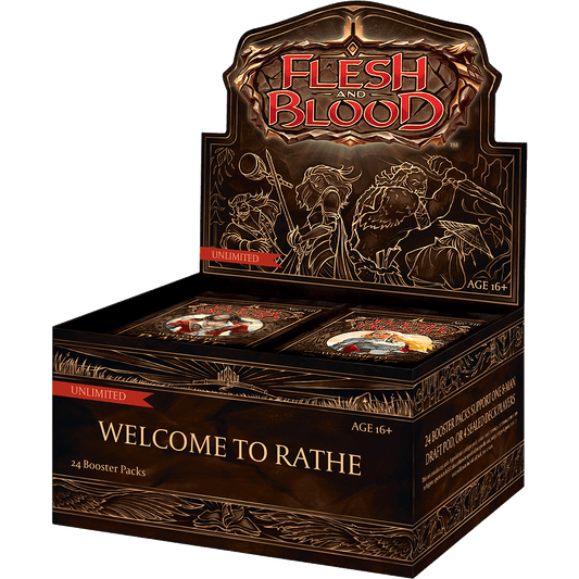 The Flesh & Blood TCG - Welcome to Rathe Unlimited Booster Box by Legend Story Studios features fantasy artwork and includes 24 booster packs; designed for ages 16+.
