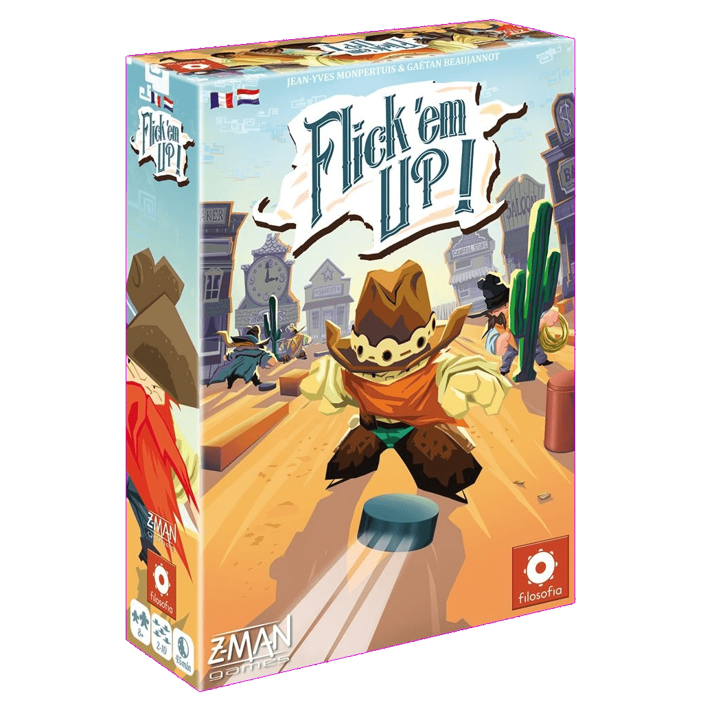 The image shows the box cover of Flick 'em Up! NL/FR by Z-Man Games, featuring a cartoon cowboy flicking a disk in a Wild West town with cacti, buildings, and a clock tower in the background.