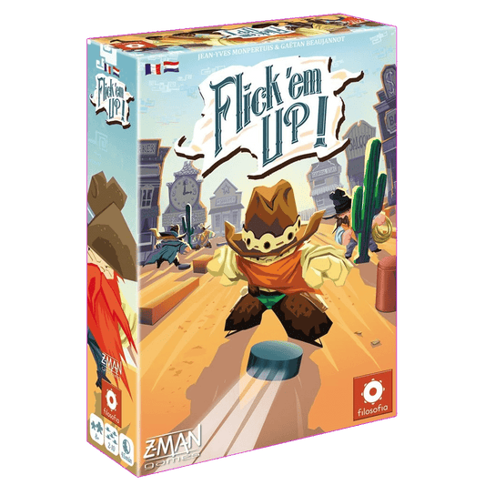 The image shows the box cover of Flick 'em Up! NL/FR by Z-Man Games, featuring a cartoon cowboy flicking a disk in a Wild West town with cacti, buildings, and a clock tower in the background.