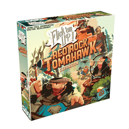 The Pretzel Games Flick 'em Up! Red Rock Tomahawk Expansion (Wooden) features a vibrant box with cartoon cowboys and Native Americans in wild west action, tomahawks, trees, and hints of Gatling gun chaos.
