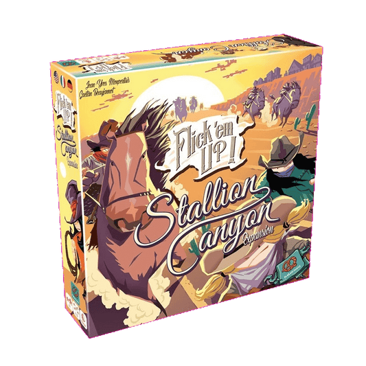 Box for Pretzel Games' Flick 'em Up! Stallion Canyon Expansion (Wooden) shows illustrated cowboys and cowgirls on horseback riding through a canyon, with a galloping horse close-up in the foreground.
