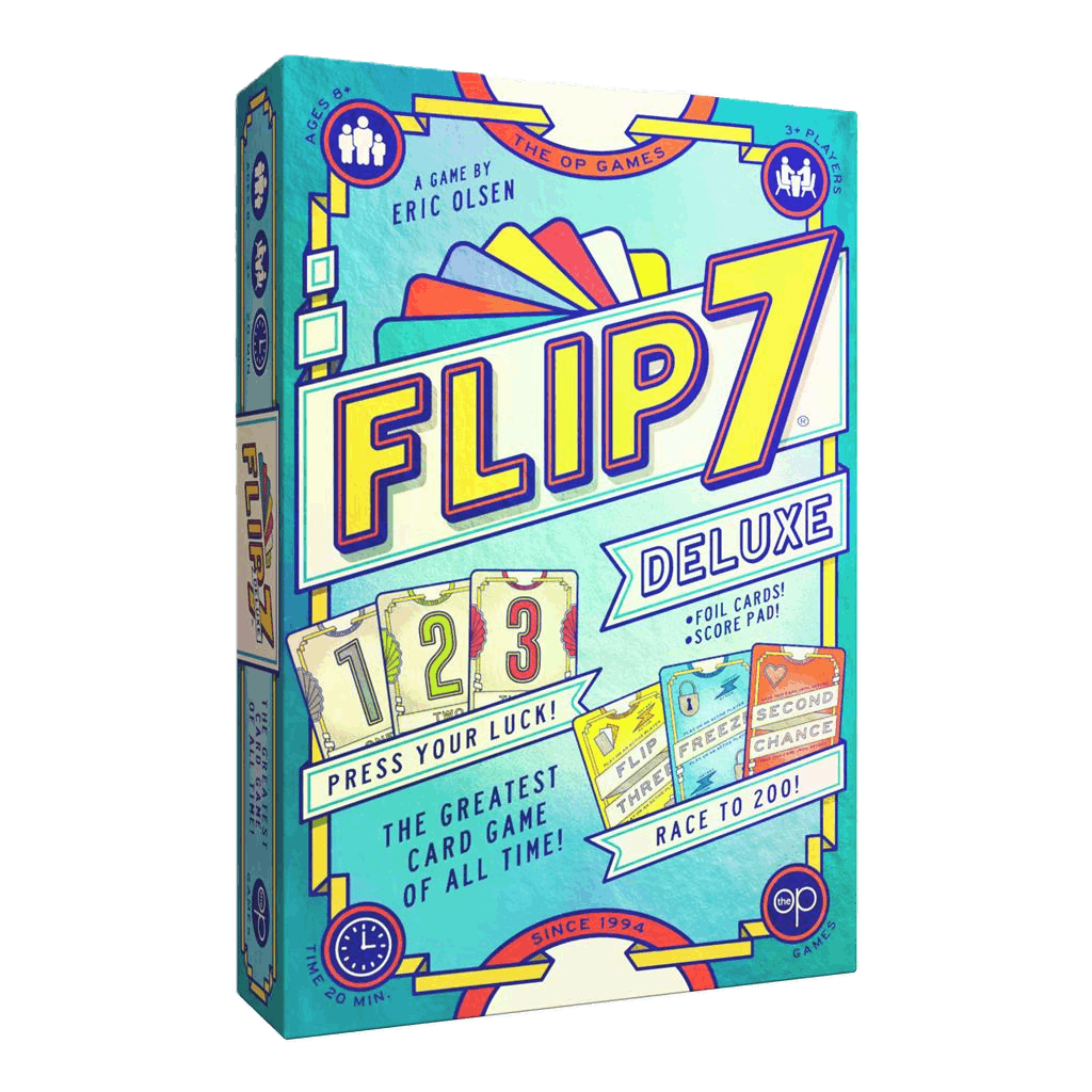 A vibrant box for The Op Games' Flip 7 Deluxe Edition displays bold text, illustrated playing cards (1–3), and promos for foil cards and a score pad. The playful design stands out on a light blue background.