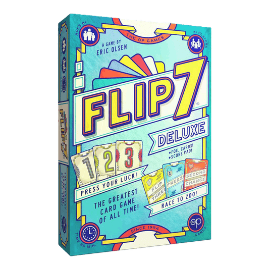 A vibrant box for The Op Games' Flip 7 Deluxe Edition displays bold text, illustrated playing cards (1–3), and promos for foil cards and a score pad. The playful design stands out on a light blue background.