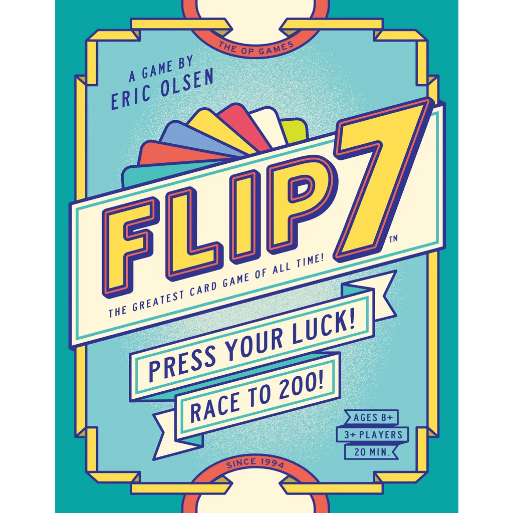 Colorful box for Flip 7 Second Edition by The Op Games, a press-your-luck card game with bold yellow title, “Press Your Luck!” and “Race to 200!” For ages 8+, 3+ players, 20 min. Designed by Eric Olsen.