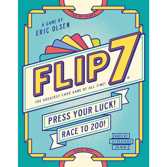 Colorful box for Flip 7 Second Edition by The Op Games, a press-your-luck card game with bold yellow title, “Press Your Luck!” and “Race to 200!” For ages 8+, 3+ players, 20 min. Designed by Eric Olsen.