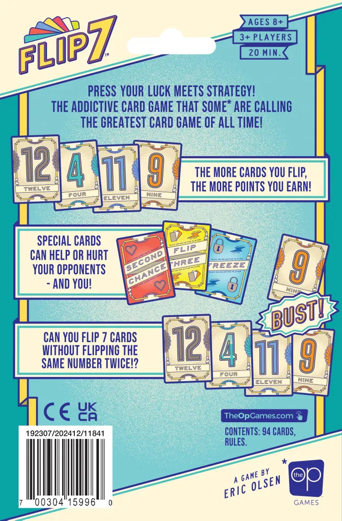 The Flip 7 Second Edition box by The Op Games features colorful cards, rules, points system, and special cards. This press-your-luck game is for ages 8+, 3+ players, all shown on a bold blue and yellow design.