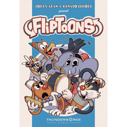 Cover art for FlipToons by Thunderworks Games features smiling toon characters—a drumming elephant, a dog, a trumpet-playing duck, and a cat—each playing instruments and radiating animated energy. The Thunderworks Games logo appears at the bottom.