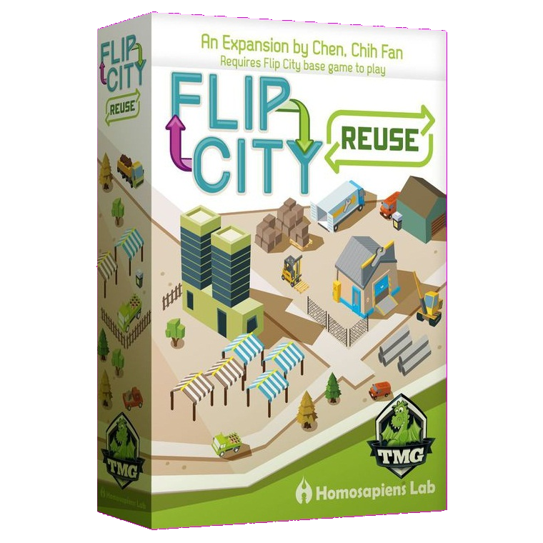 Box cover of Flip City Reuse by Tasty Minstrel Games, showing construction, recycling, and community scenes with new buildings, plus the game title and publisher info displayed prominently.