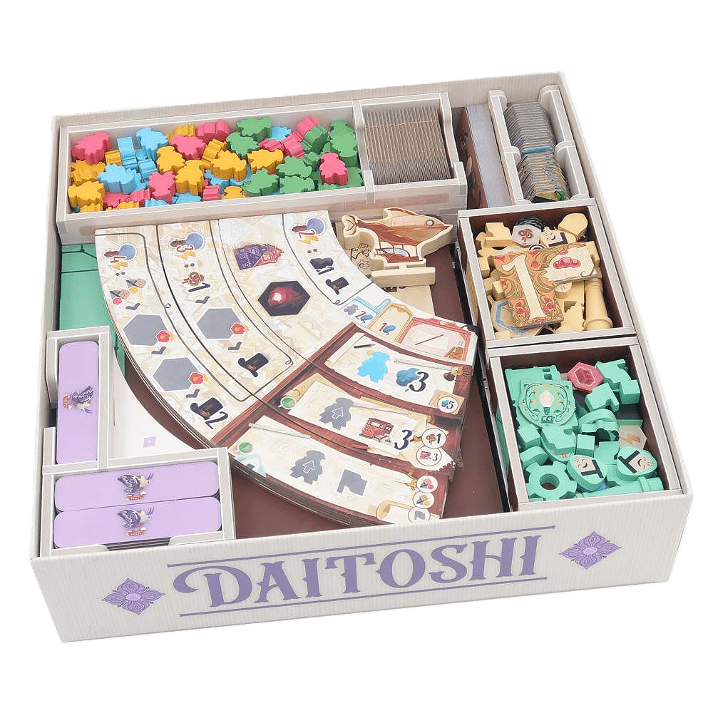 The Folded Space - Daitoshi Insert by Folded Space features full-color trays to neatly organize colorful wooden pieces, cards, tokens, and boards in separate compartments within your DAITOSHI board game box.