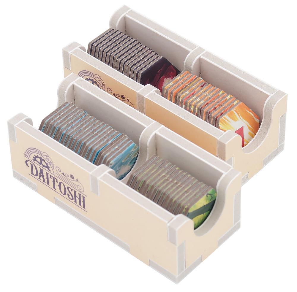 The Folded Space - Daitoshi Insert by Folded Space features two cream-colored wooden boxes for organizing board games, with labeled sections and full color trays to neatly hold and display your square tokens and vibrant game pieces.