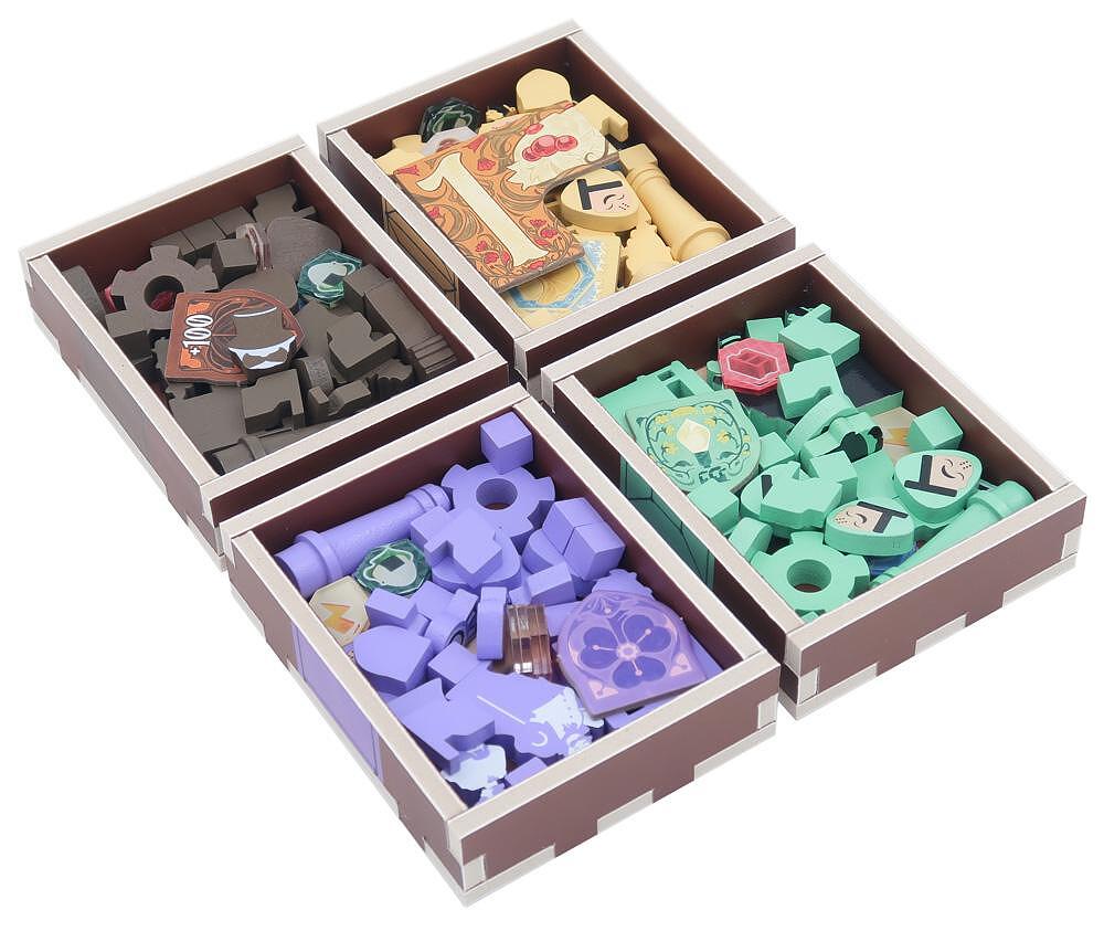 The Folded Space - Daitoshi Insert by Folded Space features four square, full-color trays that organize and hold game pieces and tokens in brown, yellow, green, and purple—each with unique shapes—for easy gameplay.