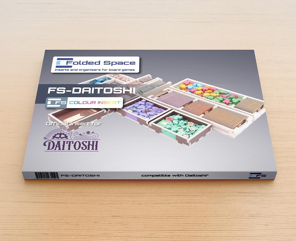 A Folded Space - Daitoshi Insert by Folded Space is displayed on a wooden surface, with its cover showing colorful game trays neatly organizing vibrant pieces and components.