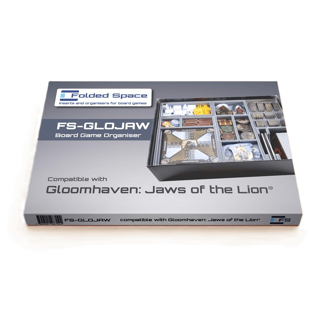 A box labeled Folded Space - Gloomhaven: Jaws of the Lion Insert by Folded Space, designed to organize Gloomhaven: Jaws of the Lion, with a cover image showing the game neatly stored in the custom insert.